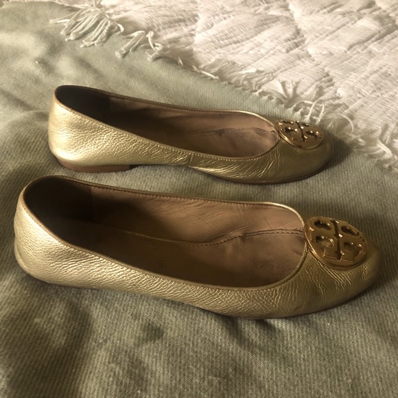 Tory Burch Metallic Gold Leather Ballet Flats With Gold Logo Size 7 - Picture 4 of 9